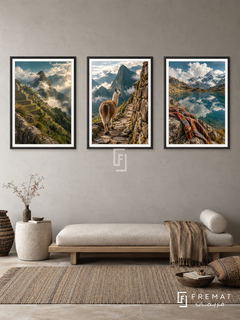 Andes Path — set of three complementary travel artworks in Black frames, shown at 50×70 cm each.