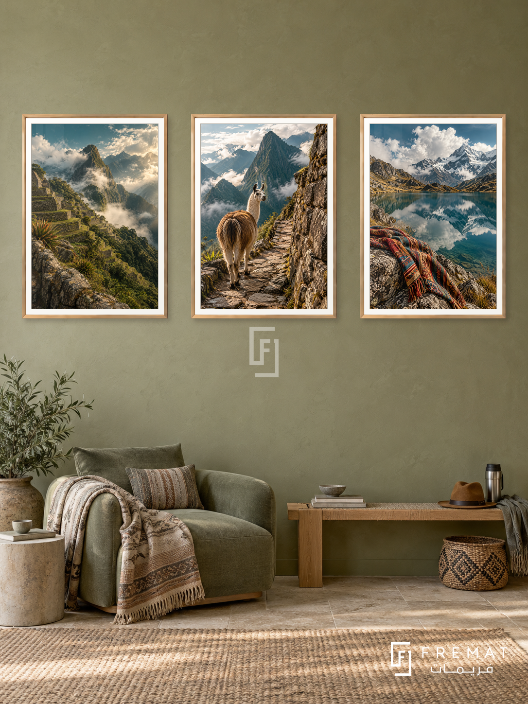 Andes Path — set of three complementary travel artworks in Gold frames, shown at 50×70 cm each.