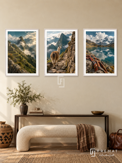 Andes Path — set of three complementary travel artworks in White frames, shown at 50×70 cm each.