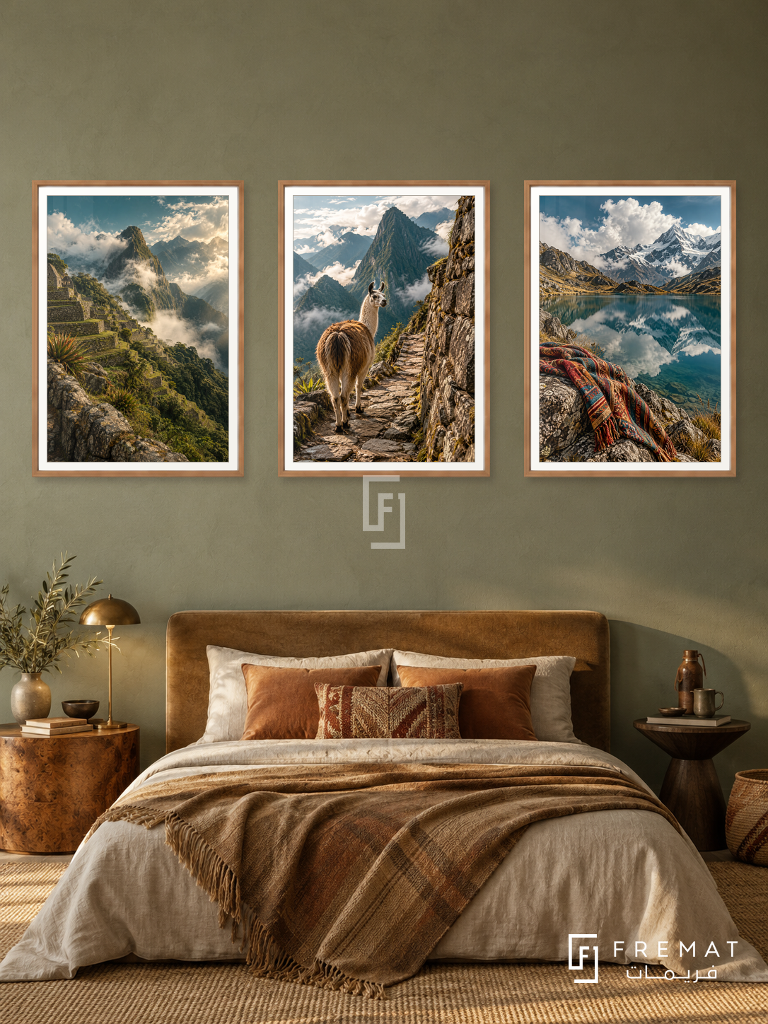 Andes Path — set of three complementary travel artworks in Wooden Texture frames, shown at 50×70 cm each.