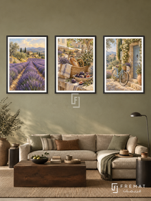 Provence Slow — set of three complementary travel artworks in Black frames, shown at 50×70 cm each.