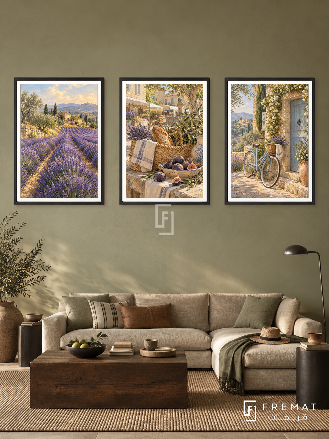 Provence Slow — set of three complementary travel artworks in Black frames, shown at 50×70 cm each.
