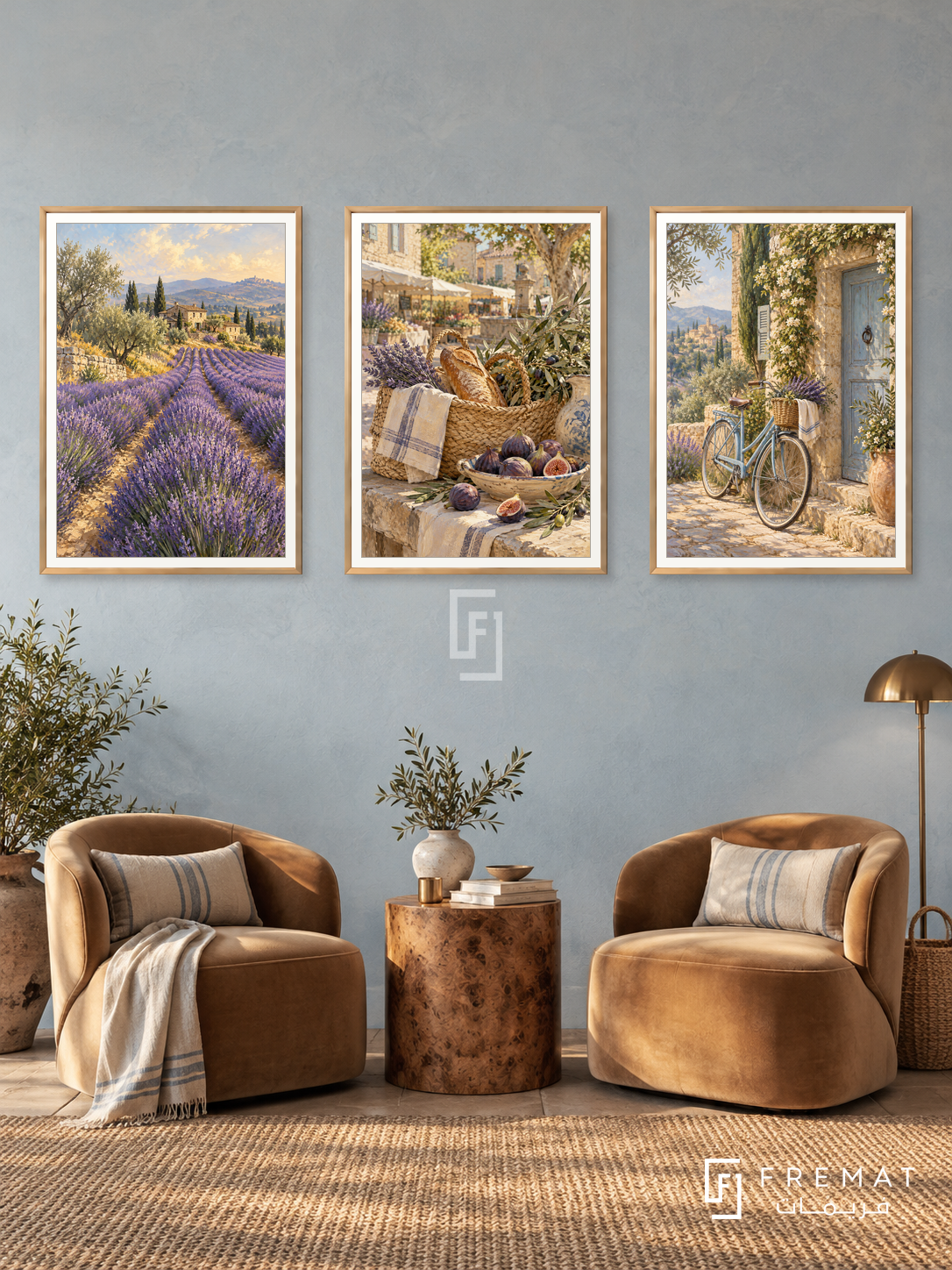 Provence Slow — set of three complementary travel artworks in Gold frames, shown at 50×70 cm each.