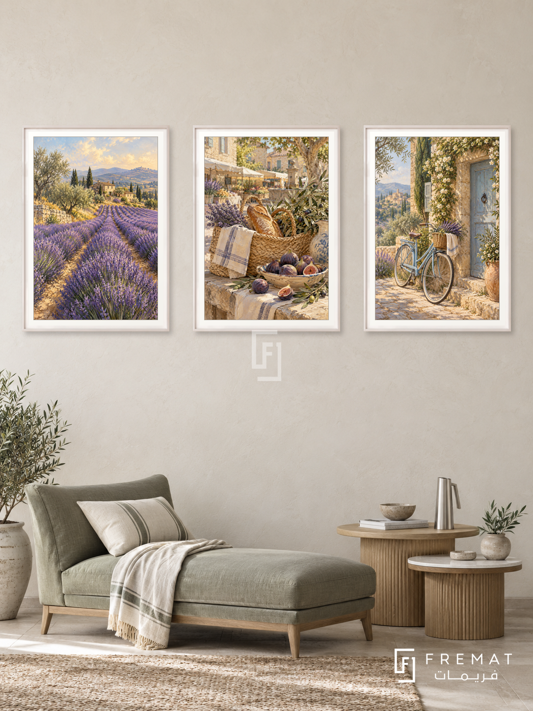 Provence Slow — set of three complementary travel artworks in White frames, shown at 50×70 cm each.