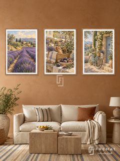 Provence Slow — set of three complementary travel artworks in Wooden Texture frames, shown at 50×70 cm each.