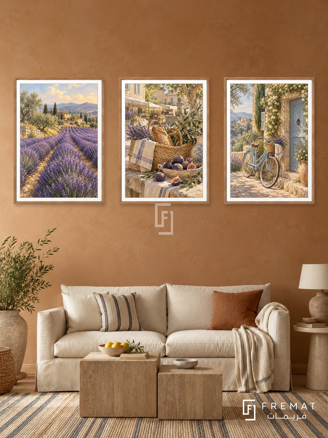 Provence Slow — set of three complementary travel artworks in Wooden Texture frames, shown at 50×70 cm each.