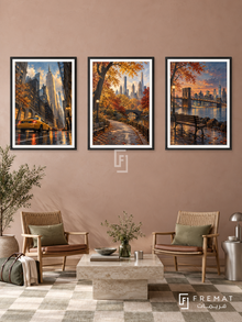 New York Walk — set of three complementary travel artworks in Black frames, shown at 50×70 cm each.