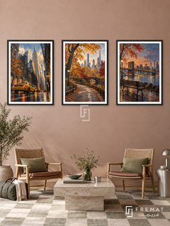 New York Walk — set of three complementary travel artworks in Black frames, shown at 50×70 cm each.