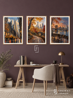 New York Walk — set of three complementary travel artworks in Gold frames, shown at 50×70 cm each.