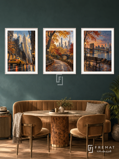 New York Walk — set of three complementary travel artworks in White frames, shown at 50×70 cm each.