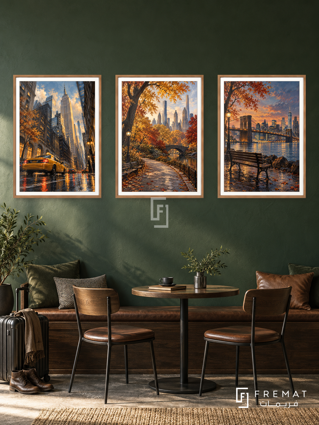 New York Walk — set of three complementary travel artworks in Wooden Texture frames, shown at 50×70 cm each.
