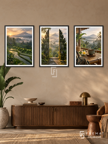Bali Retreat — set of three complementary travel artworks in Black frames, shown at 50×70 cm each.