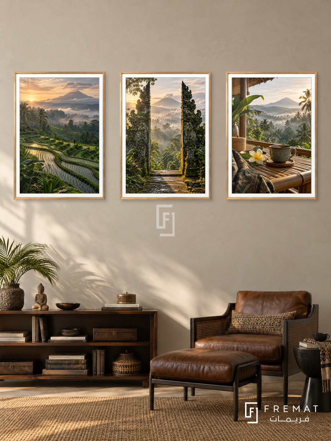 Bali Retreat — set of three complementary travel artworks in Gold frames, shown at 50×70 cm each.