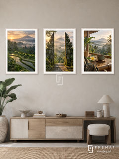 Bali Retreat — set of three complementary travel artworks in White frames, shown at 50×70 cm each.