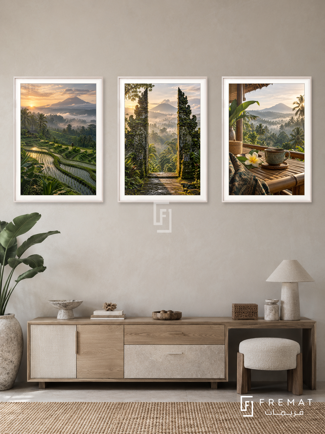 Bali Retreat — set of three complementary travel artworks in White frames, shown at 50×70 cm each.