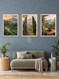 Bali Retreat — set of three complementary travel artworks in Wooden Texture frames, shown at 50×70 cm each.