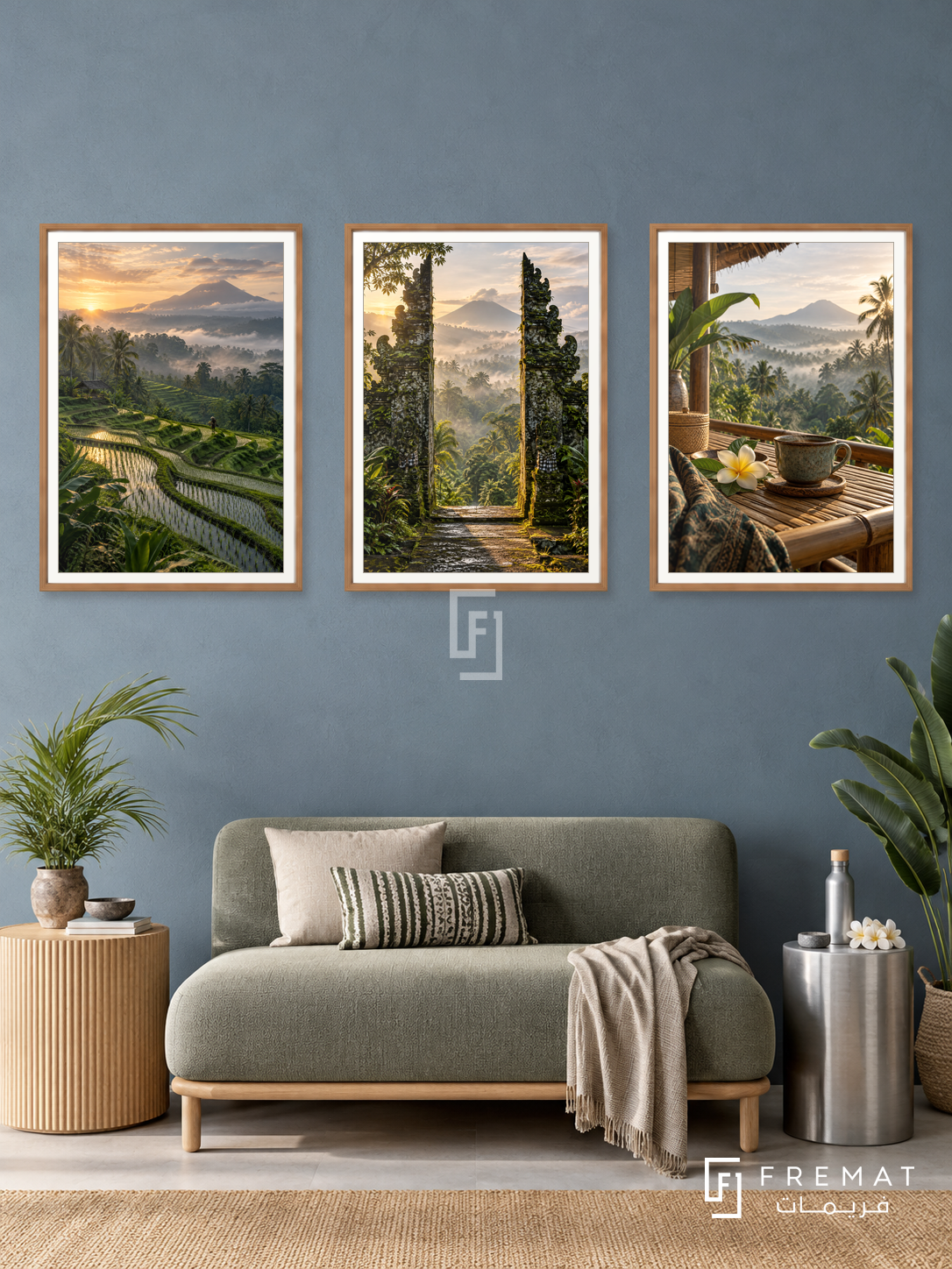 Bali Retreat — set of three complementary travel artworks in Wooden Texture frames, shown at 50×70 cm each.