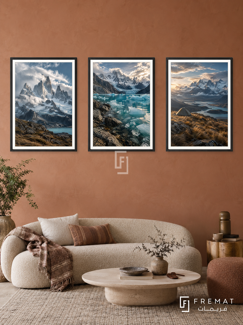 Patagonia Wild — set of three complementary travel artworks in Black frames, shown at 50×70 cm each.