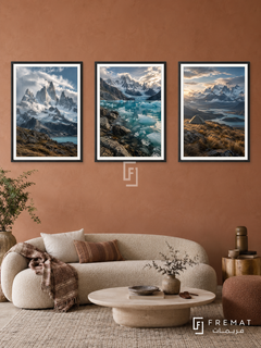Patagonia Wild — set of three complementary travel artworks in Black frames, shown at 50×70 cm each.
