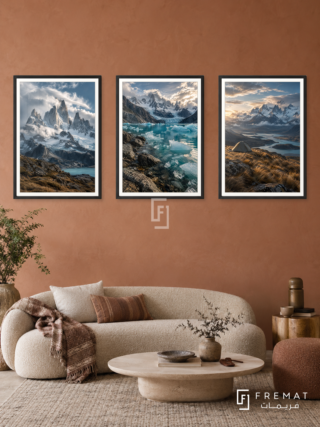 Patagonia Wild — set of three complementary travel artworks in Black frames, shown at 50×70 cm each.