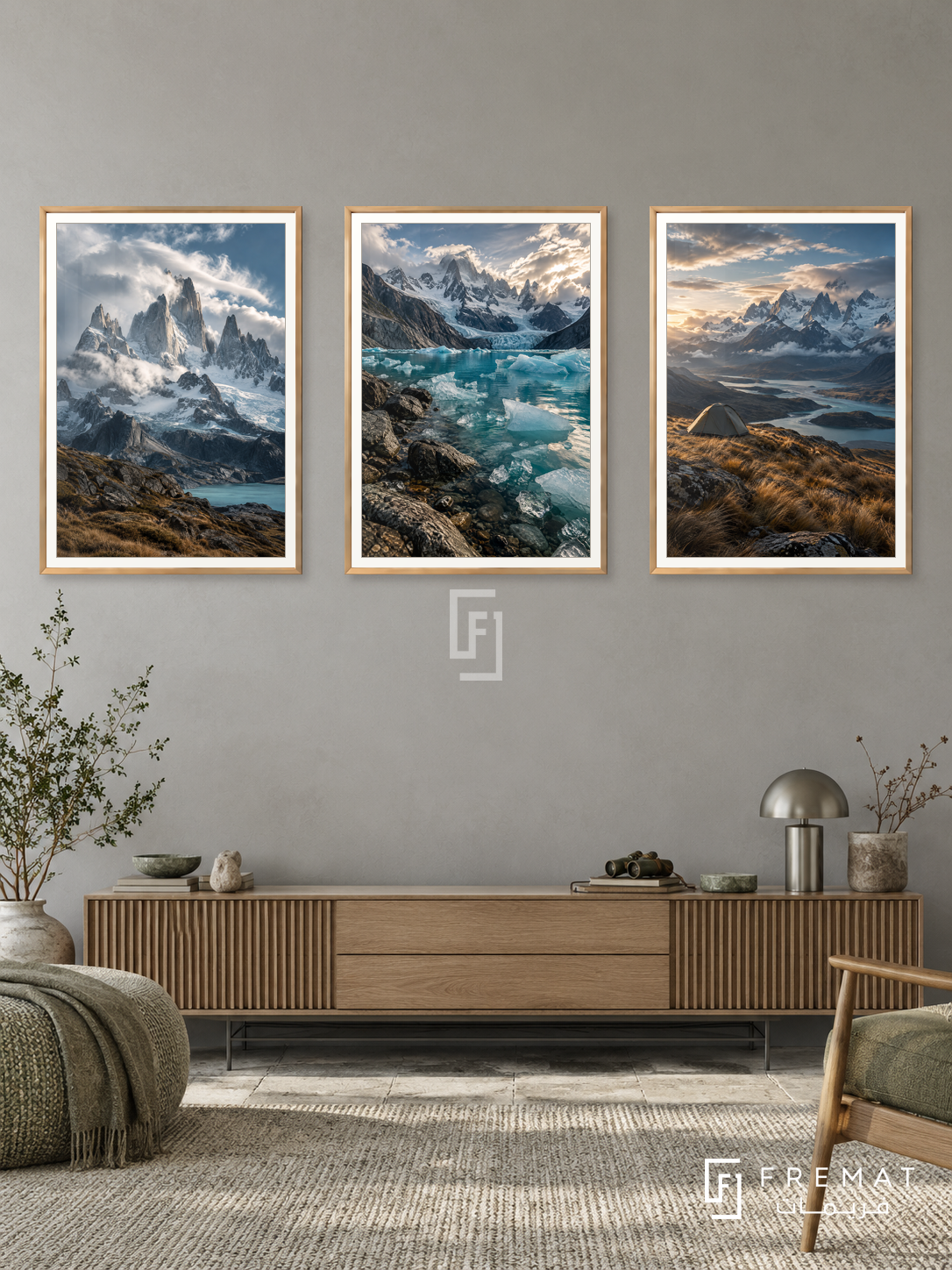 Patagonia Wild — set of three complementary travel artworks in Gold frames, shown at 50×70 cm each.