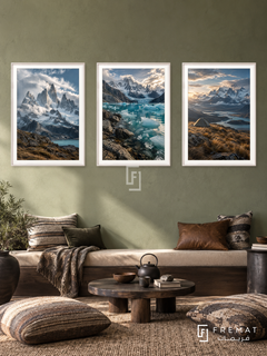 Patagonia Wild — set of three complementary travel artworks in White frames, shown at 50×70 cm each.