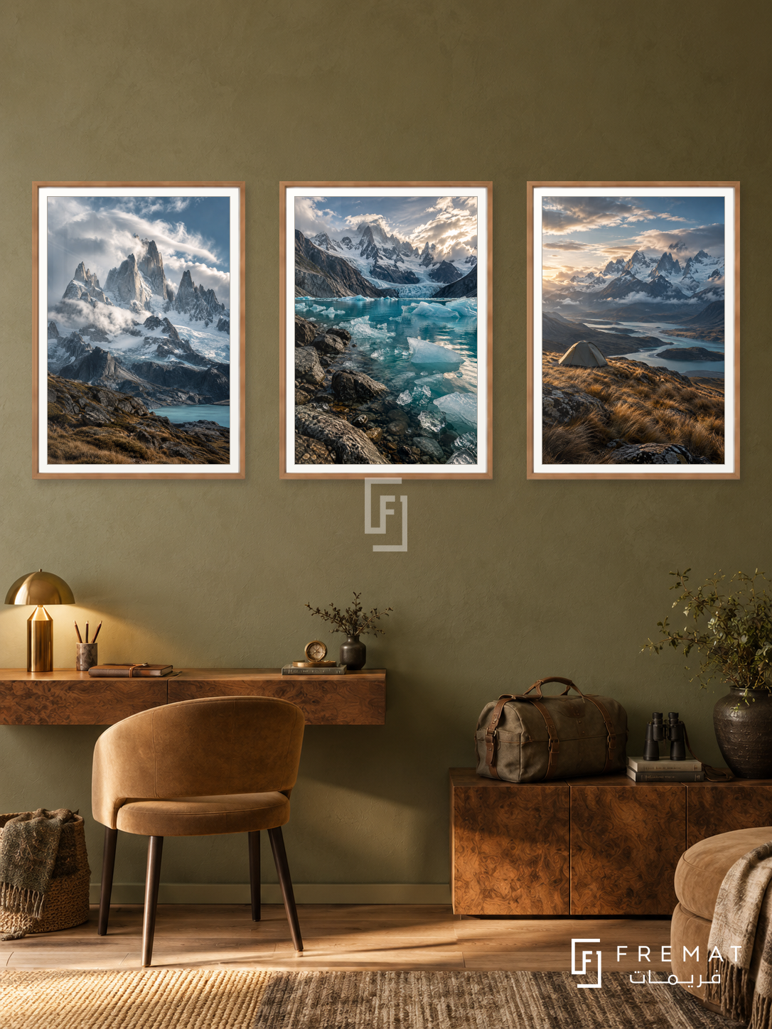 Patagonia Wild — set of three complementary travel artworks in Wooden Texture frames, shown at 50×70 cm each.