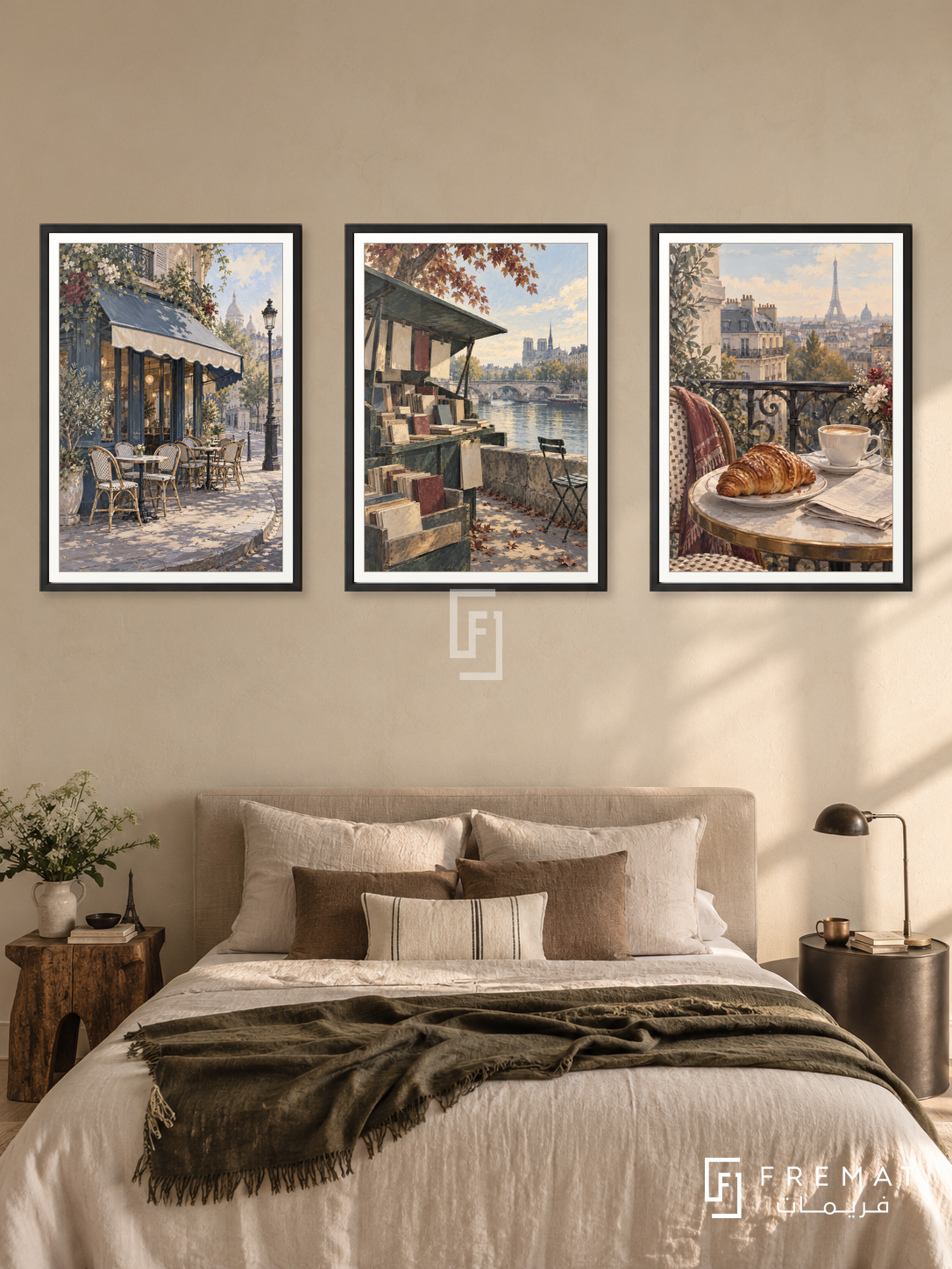Paris Morning — set of three complementary travel artworks in Black frames, shown at 50×70 cm each.