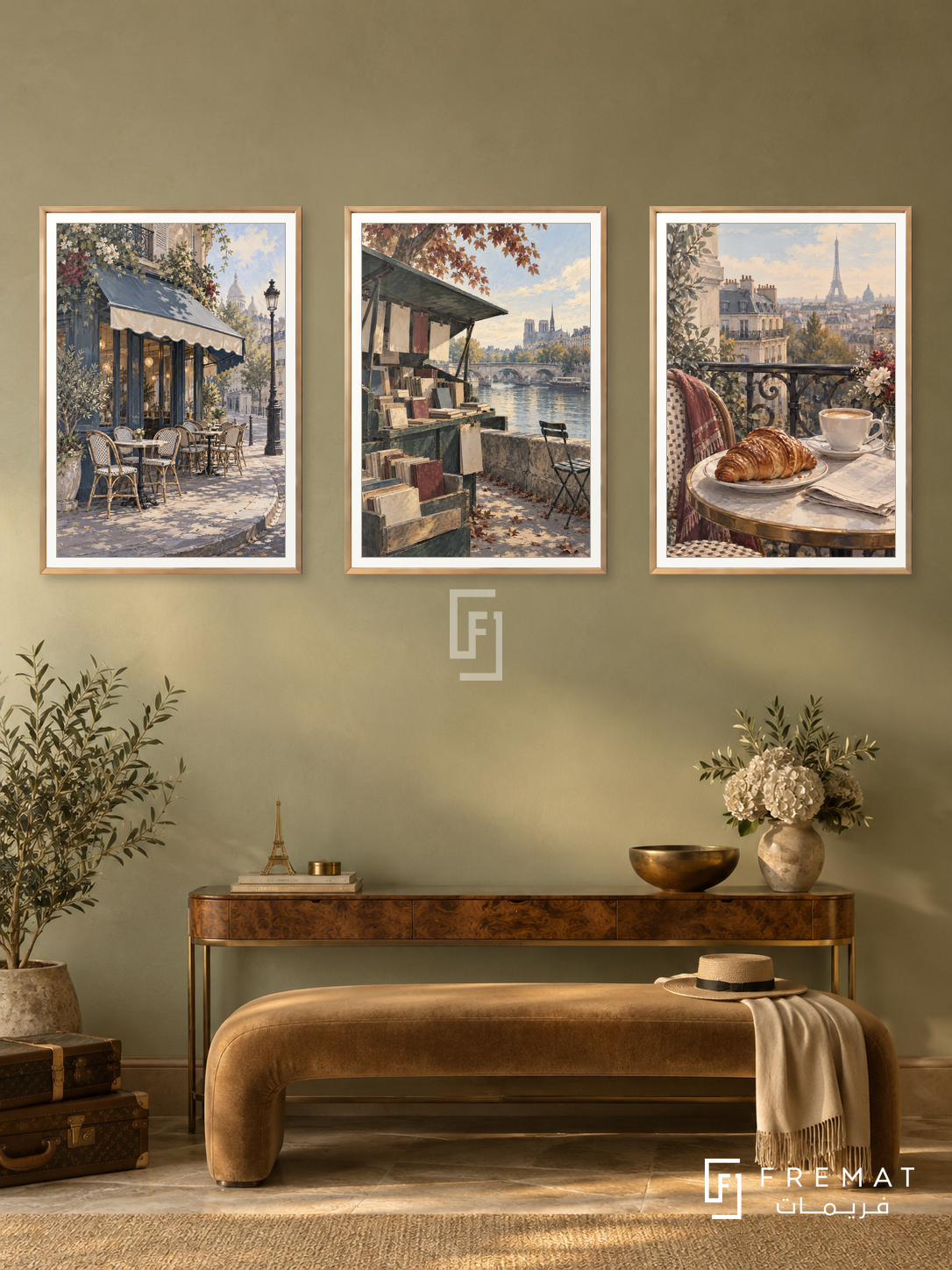 Paris Morning — set of three complementary travel artworks in Gold frames, shown at 50×70 cm each.