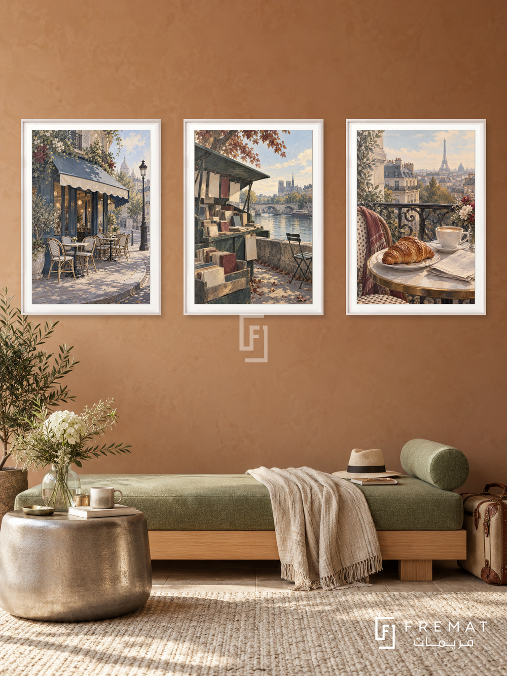 Paris Morning — set of three complementary travel artworks in White frames, shown at 50×70 cm each.