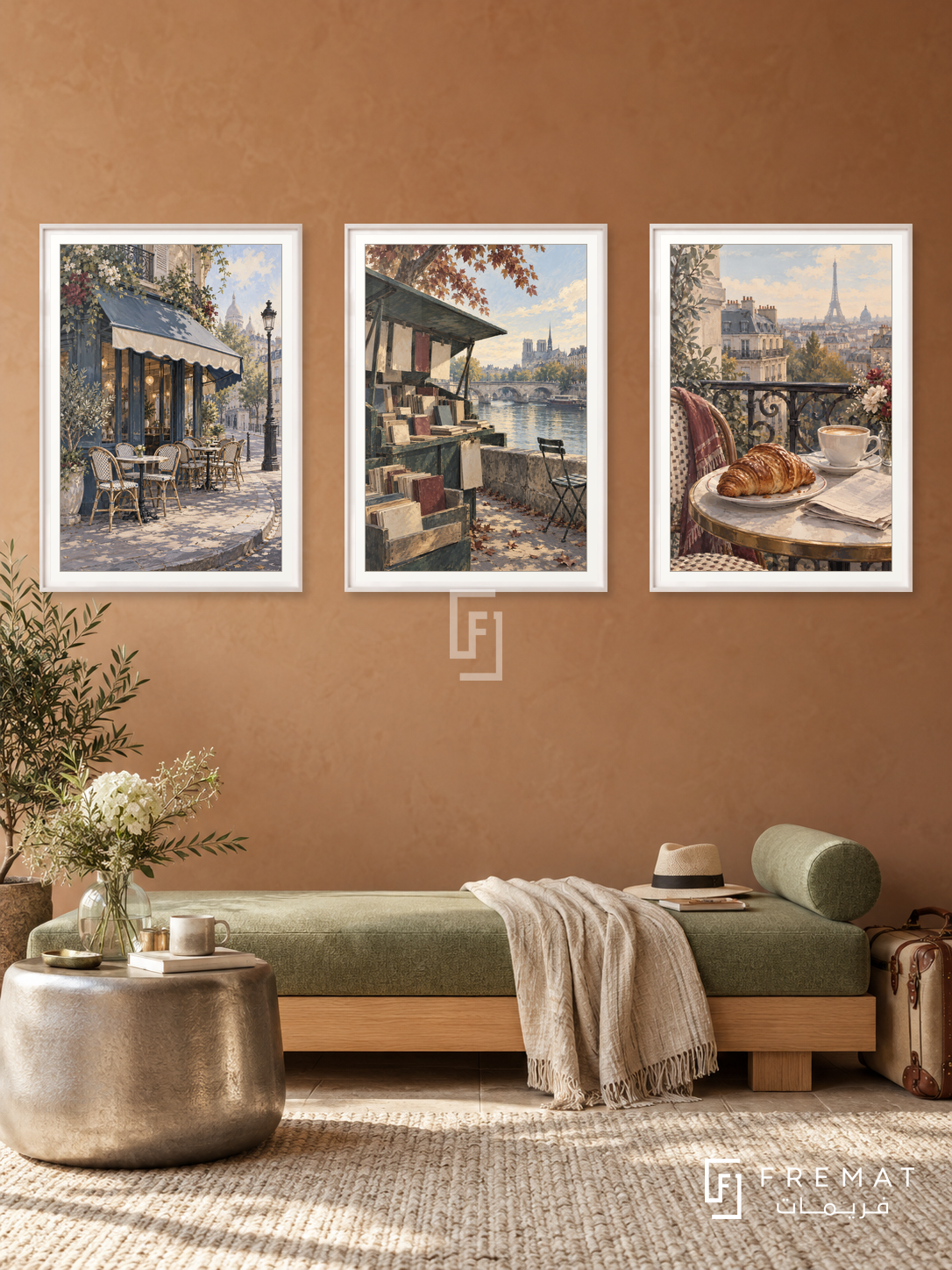 Paris Morning — set of three complementary travel artworks in White frames, shown at 50×70 cm each.