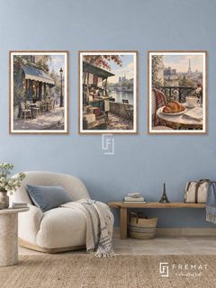 Paris Morning — set of three complementary travel artworks in Wooden Texture frames, shown at 50×70 cm each.