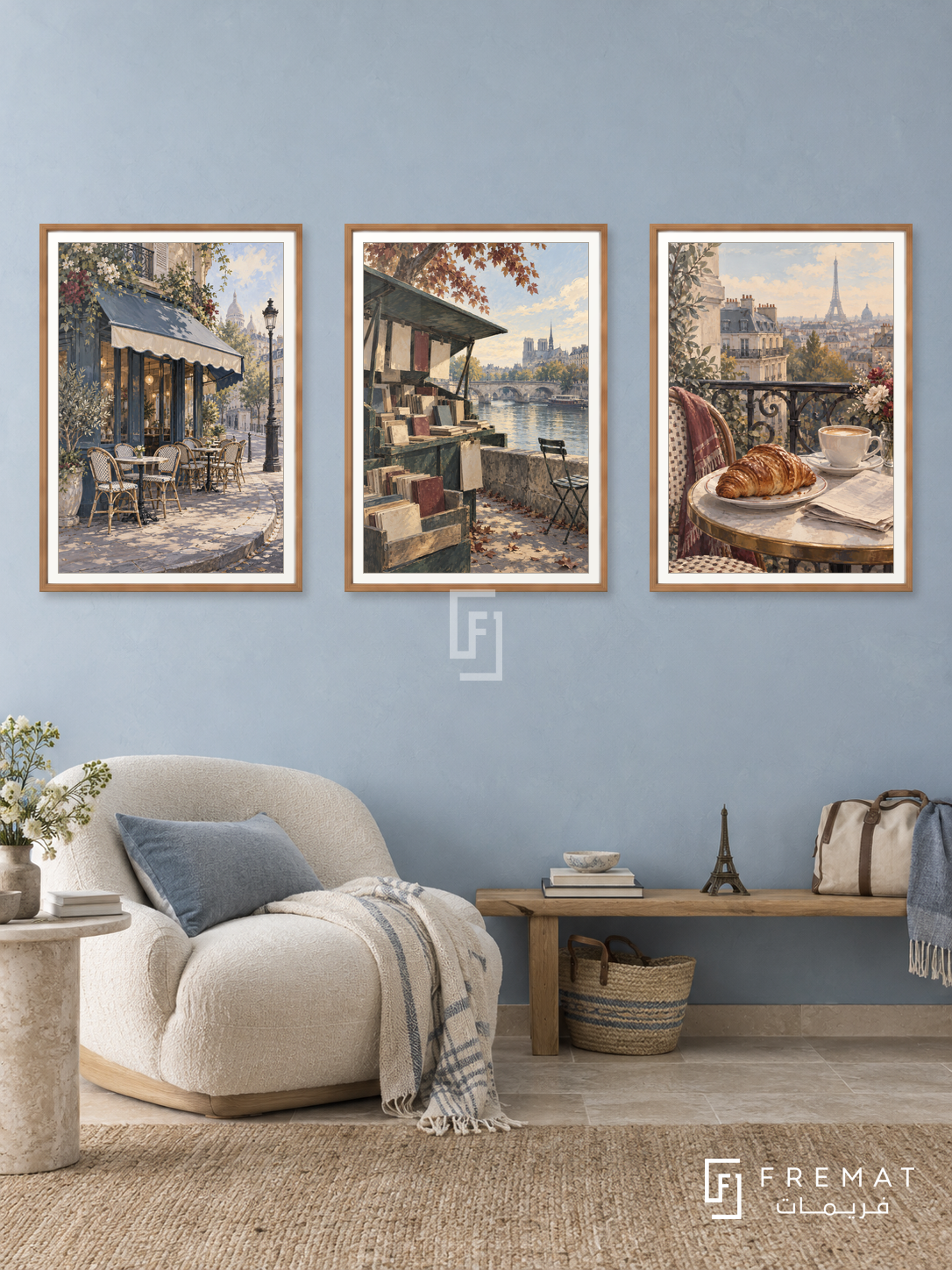 Paris Morning — set of three complementary travel artworks in Wooden Texture frames, shown at 50×70 cm each.