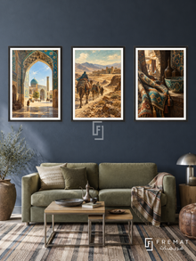 Silk Road — set of three complementary travel artworks in Black frames, shown at 50×70 cm each.