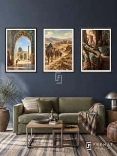 Silk Road — set of three complementary travel artworks in Black frames, shown at 50×70 cm each.