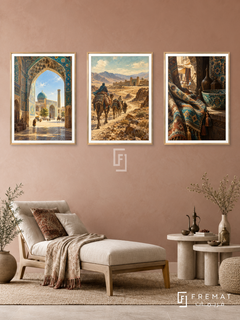 Silk Road — set of three complementary travel artworks in Gold frames, shown at 50×70 cm each.