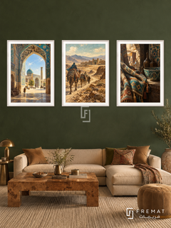 Silk Road — set of three complementary travel artworks in White frames, shown at 50×70 cm each.