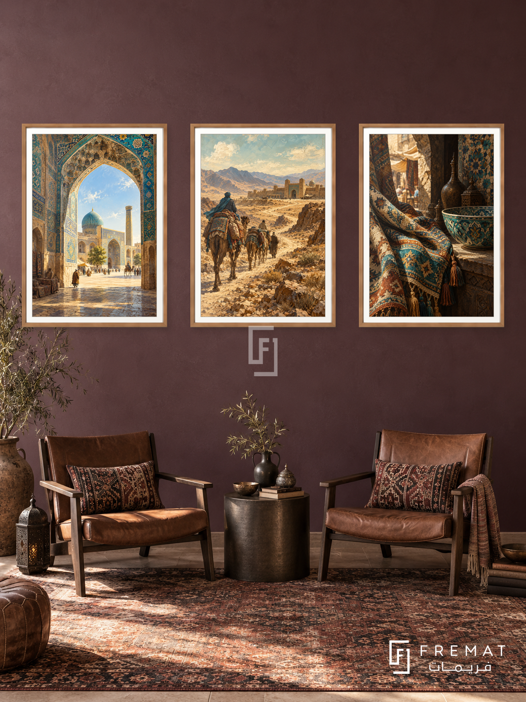 Silk Road — set of three complementary travel artworks in Wooden Texture frames, shown at 50×70 cm each.