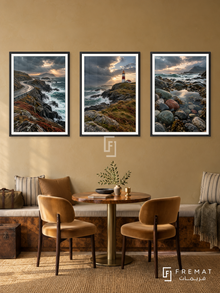 Atlantic Road — set of three complementary travel artworks in Black frames, shown at 50×70 cm each.