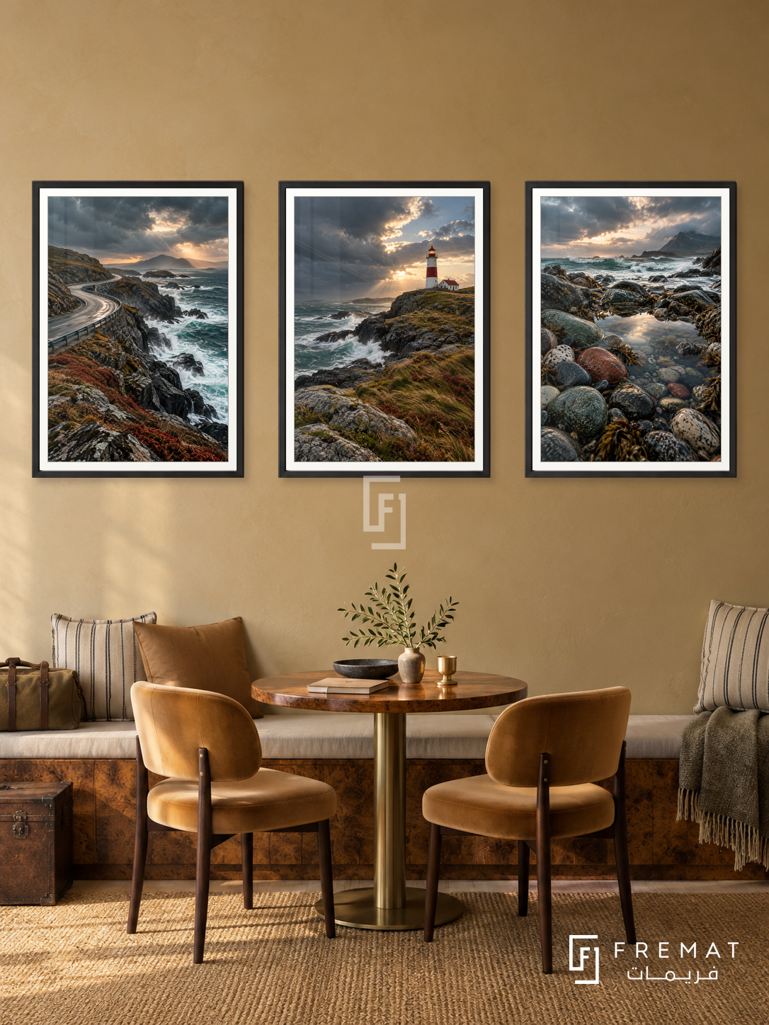 Atlantic Road — set of three complementary travel artworks in Black frames, shown at 50×70 cm each.