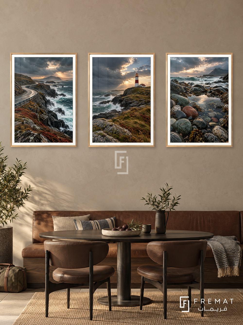 Atlantic Road — set of three complementary travel artworks in Gold frames, shown at 50×70 cm each.