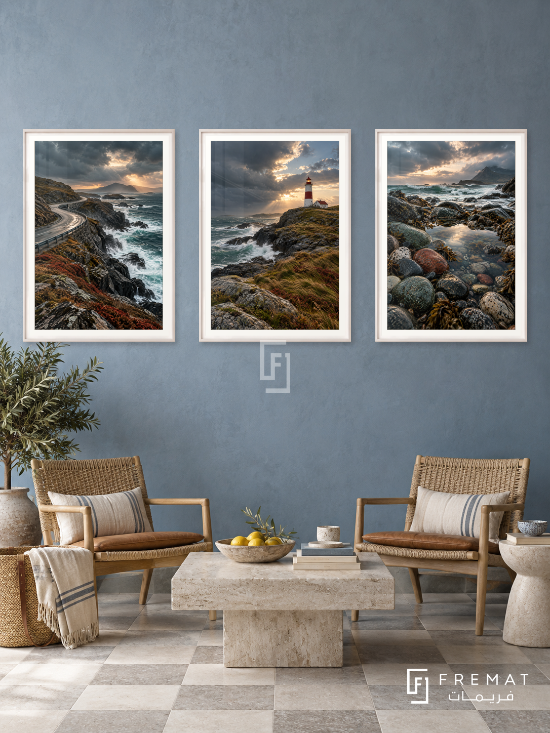 Atlantic Road — set of three complementary travel artworks in White frames, shown at 50×70 cm each.