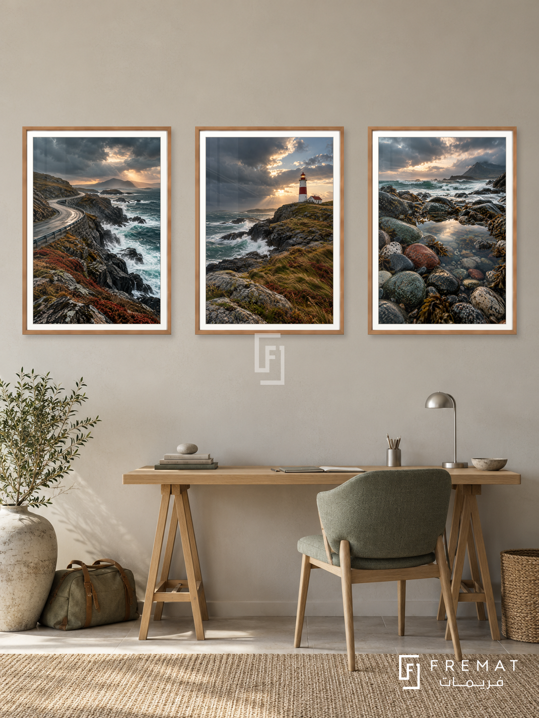 Atlantic Road — set of three complementary travel artworks in Wooden Texture frames, shown at 50×70 cm each.