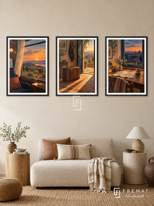 Journey Home — set of three complementary travel artworks in Black frames, shown at 50×70 cm each.