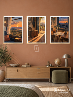 Journey Home — set of three complementary travel artworks in Gold frames, shown at 50×70 cm each.