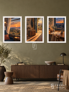 Journey Home — set of three complementary travel artworks in White frames, shown at 50×70 cm each.