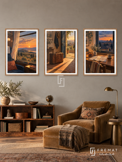 Journey Home — set of three complementary travel artworks in Wooden Texture frames, shown at 50×70 cm each.