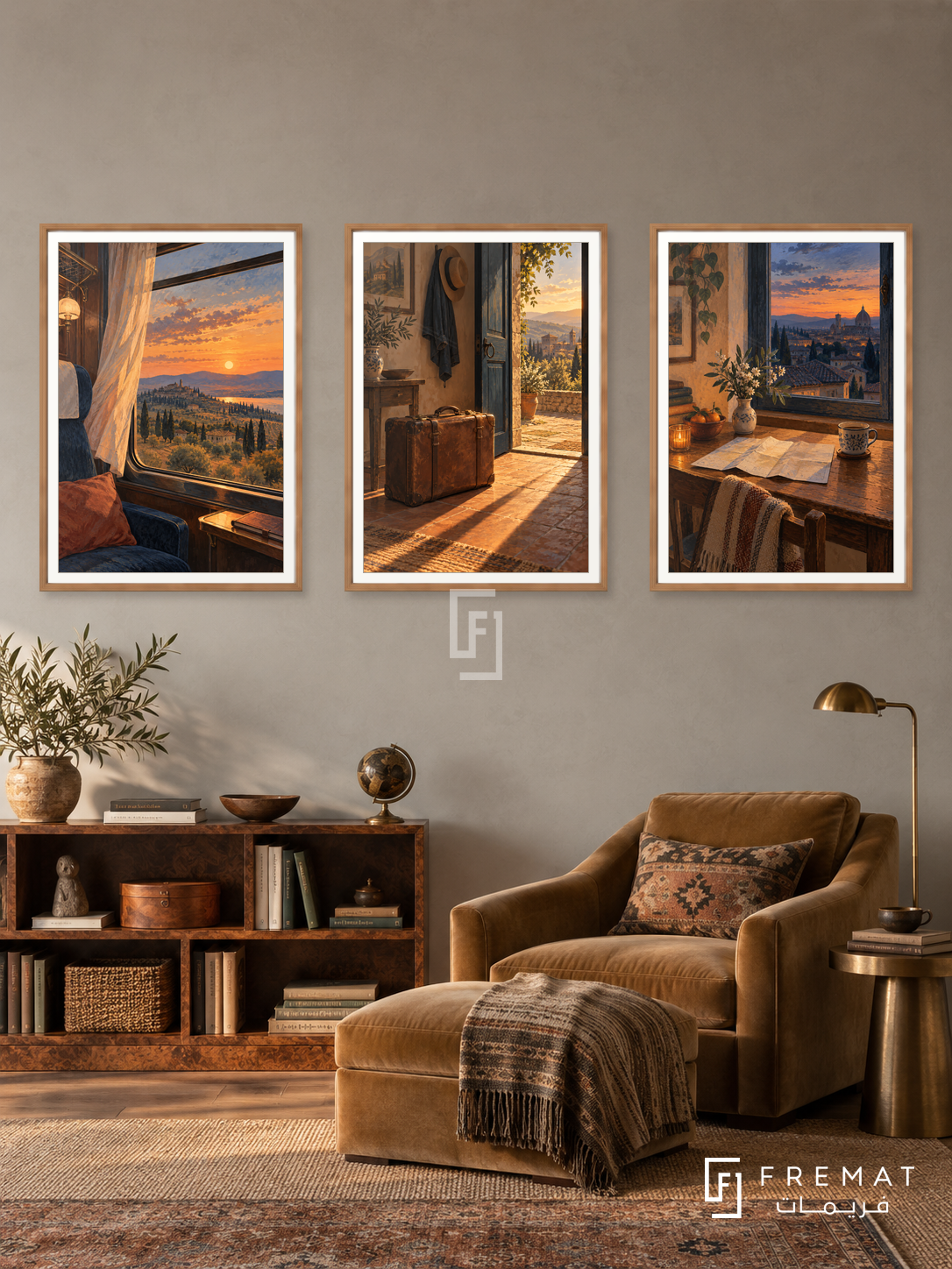 Journey Home — set of three complementary travel artworks in Wooden Texture frames, shown at 50×70 cm each.